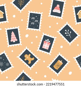 Christmas seamless pattern with postage stamps. Winter holiday symbols. Vector illustration in flat style. 