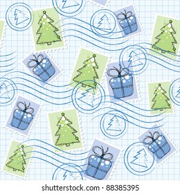 christmas seamless pattern with postage stamps and seals