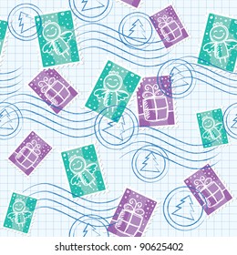 christmas seamless pattern with postage stamps and seals