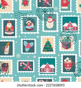 Christmas seamless pattern with postmarks. Vector background for fabric, wrapping paper and wallpaper