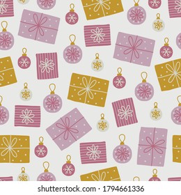 Christmas seamless pattern with presents, balls on beige background. Perfect for winter holidays, gift paper, wallpaper, New Year greeting cards. Vector illustration