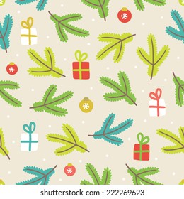 Christmas seamless pattern with presents, balls and fir branches. Perfect for wallpapers, pattern fills, web page backgrounds, surface textures, textile 