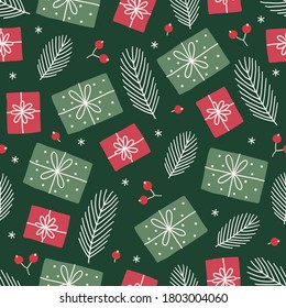 Christmas seamless pattern with presents, berries, snowflakes, fir branches on dark green background. Perfect for winter holidays, gift paper, wallpaper, New Year greeting cards. Vector illustration 