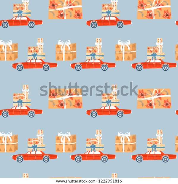 Christmas seamless pattern with\
Christmas presents and car with gifts. Vector flat illustration for\
textile, invitation, poster, background, wrapping paper,\
t-shirt.