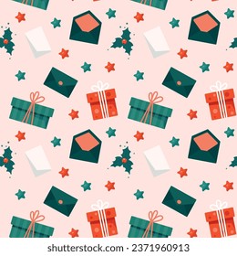 Patrón ininterrumpido de Navidad con regalos, tarjeta de saludo y sobre