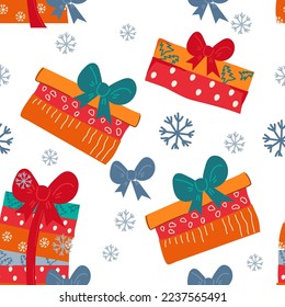 Christmas seamless pattern with presents and snowflakes,  hand drawn flat vector Illustration on white background with present boxes. Christmas and New Year seamless design with gift boxes.