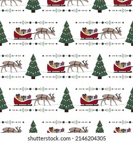 Christmas seamless pattern. Pretty reindeer and his sleigh filled with gifts. Christmas tree. Transparent background. Vector illustration.