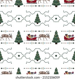 Christmas seamless pattern. Pretty reindeer and his sleigh filled with gifts. Christmas tree. Transparent background. Vector illustration.