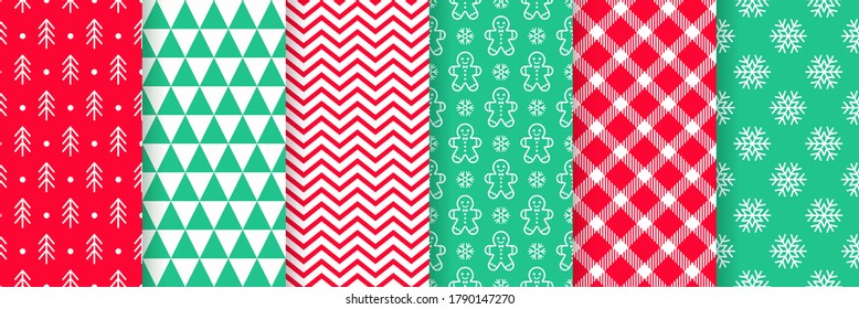 Christmas seamless pattern. Prints with tree, snowflake, gingerbread man, zigzag, triangle and checkered. Xmas New year background. Vector. Set textures. Festive wrapping paper. Red green illustration