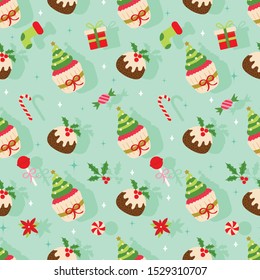 Christmas seamless pattern with pudding, cupcake, taffy, candy cane, socks, gift, etc… on shadow background. Cute holiday vector illustration.