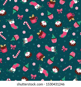 Christmas seamless pattern with pudding, cupcake, candies, peppermint, and hot chocolate on polka dots background. Cute holiday vector illustration.