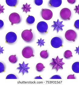 Christmas seamless pattern with purple and blue balls and stars on white background. Flat lay, isolated seamless pattern.Top view. Vector Illustration.