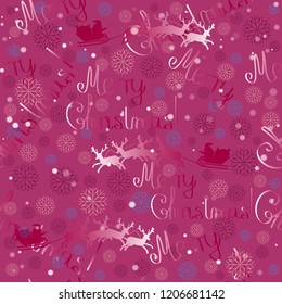 Christmas seamless pattern in purple colors with the words Merry Christmas !, Santa in a carriage drawn by reindeer and snowflakes on a pink background. As a packaging material or background.