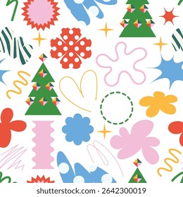 Christmas seamless pattern with quirky doodle simple elements. Vector