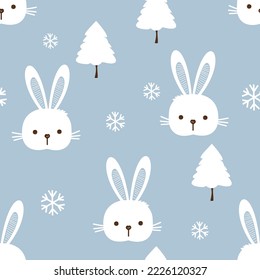 Christmas seamless pattern with rabbit cartoons, snowflakes and pine tree  on blue background vector illustration. 