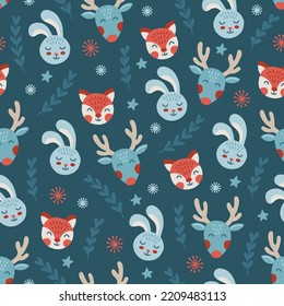 Navidad sin costuras con conejo, zorro, conejo, estrellas, nieve sobre fondo azul. Perfecto para la tarjeta de saludo de invierno, decoración de Año Nuevo, papel pintado, papel envolvente, tela. Ilustración del vector