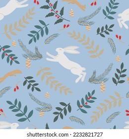 Christmas seamless pattern with rabbit, squirrel, holly, spruce branches, cones and berries. New Year illustration. Flat style vector image.