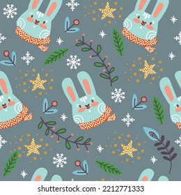 Weihnachten nahtlose Muster-Kaninchen in Schals, Pflanzen und Sternen auf grauem Hintergrund, Vektorgrafik. Für Druck und Design, Grußkarten, Umschlagpapier, Stoff, Porzellan, Bettwäsche, Dekoration