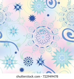 Christmas seamless pattern with random scatter falling snowflakes on a turquoise background.