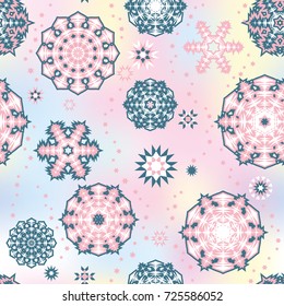 Christmas seamless pattern with random scatter falling snowflakes on a light background.