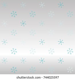 Christmas seamless pattern with random scatter falling blue snowflakes on a silvery background.