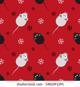 Christmas seamless pattern rats and snowflakes on a red background. Festive design for Christmas and New Year fashion prints 