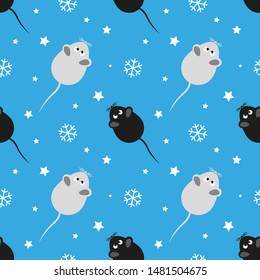Christmas seamless pattern with rats and snowflakes on a blue background. Festive design for Christmas and New Years fashion prints 