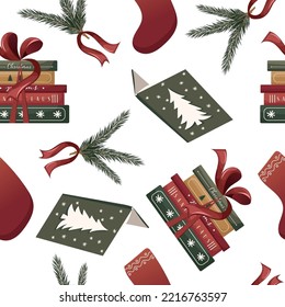 Christmas Seamless Pattern reading fairy tales to children, Stack of winter books, poems, stories. Gift with red ribbon and bow. Cute vector illustration for cover, textile, fabric, wallpaper, package