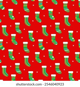 christmas seamless pattern red background with colorful Christmas stockings and white stars in a repeating pattern, perfect for holiday themed designs, gift wrap, and festive decorations.