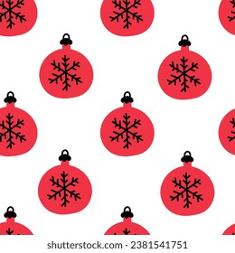 Navidad sin fisuras con baudias rojas y copos de nieve al estilo de doodle. El fondo moderno dibujado a mano para el diseño de año nuevo con bolas. Ilustración vectorial de repetición
