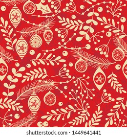 Christmas seamless pattern in red and beige for greeting cards, wrapping papers. Hand drawn Vector illustration