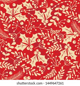 Christmas seamless pattern in red and beige with holly leaves and berries for greeting cards, wrapping papers. Vector illustration.