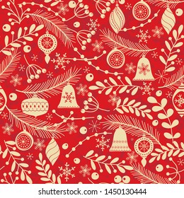 Christmas seamless pattern in red and beige for greeting cards, wrapping papers. Hand drawn Vector illustration