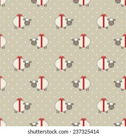 Christmas seamless pattern. Red, beige and cream colors. Illustrations of xmas lambs on polka dot background.