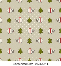 Christmas seamless pattern. Red, beige, green and cream colors. Illustrations of xmas trees and lambs on polka dot background.
