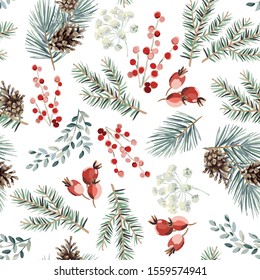 Christmas Seamless Pattern, Red Berries, Green Fir Twigs, Cones, White Background. Vector Illustration. Nature Design. Season Greeting. Winter Xmas Holidays