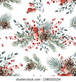 Christmas seamless pattern, red berries, green fir, pine twigs, cones bouquets, white background. Vector illustration. Nature design. Season greeting. Winter Xmas holidays