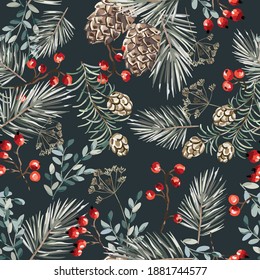 Christmas seamless pattern, red berries, fir twigs, cedar cones, black background. Vector illustration. Nature design. Season greeting. Winter Xmas holidays