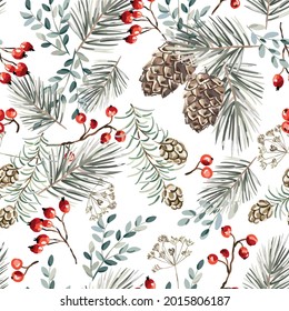Christmas seamless pattern, red berries, fir twigs, cedar cones, white background. Vector illustration. Nature design. Season greeting. Winter Xmas holidays