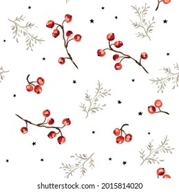 Christmas seamless pattern, red berries, twigs, stars, white background. Vector illustration. Nature design. Season greeting. Winter forest. Xmas holidays