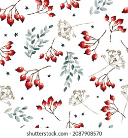 Christmas seamless pattern, red berries, twigs, stars, white background. Vector illustration. Nature design. Season greeting. Winter Xmas holidays