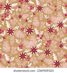 Navidad sin fisuras con bayas rojas, hojas huecas y flores en un fondo beige. Estilo escandinavo. Perfecto para las vacaciones de invierno, papel pintado de Navidad, papel envolvente, tela.