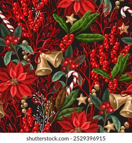 Christmas seamless pattern with red berries and bells. Vector