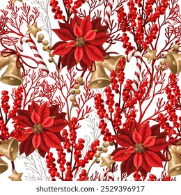 Christmas seamless pattern with red berries and bells. Vector