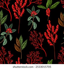 Christmas seamless pattern with red berries. Vector