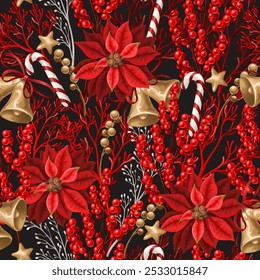Christmas seamless pattern with red berries and bells. Vector