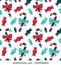 Weihnachten nahtlose Muster rot und blau mit Lollipops und Süßigkeiten, Geschenkpapier-Design, Weihnachtsdruck für Verpackungsgeschenke