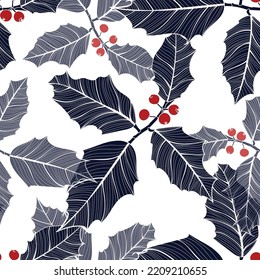 Christmas seamless pattern in red and blue with holly leaves and berries for greeting cards, wrapping papers.