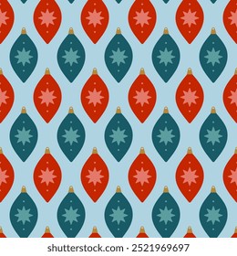 Christmas seamless pattern with red and blue christmas tree decoration. Flat style. Template for winter holidays design. Vector illustration