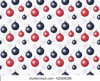 Christmas seamless pattern. Red and blue balls on grey background with snowflakes